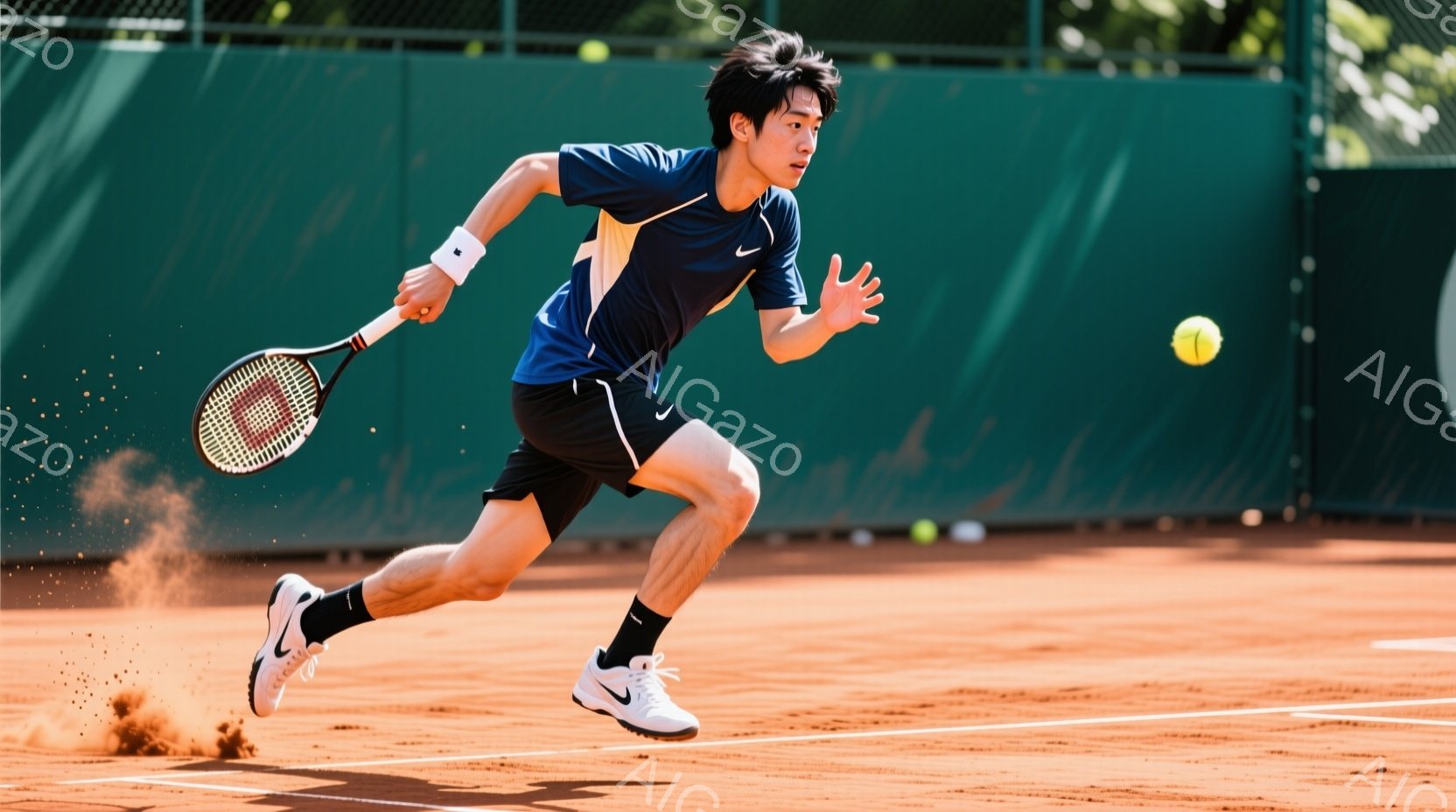 砂上のテニスコートで、紺色のポロシャツと黒のショートパンツを着用した若い男性が、テニスラケットを振りかぶり、ボールを打ち返そうとしている。彼の髪型は短髪で、集中した表情で、動きの速さから砂が舞い上がっ - AI生成フリー素材