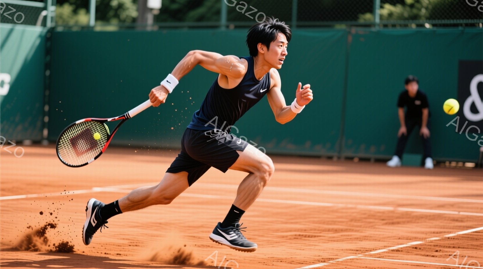 テニスプレイヤーが土のコートを疾走している写真です。黒のタンクトップとショーツ、そして黒のテニスシューズを着用し、躍動感のある姿勢でフォアハンドショットを打とうとしています。背景には、緑のフェンスとぼ - AI生成フリー素材