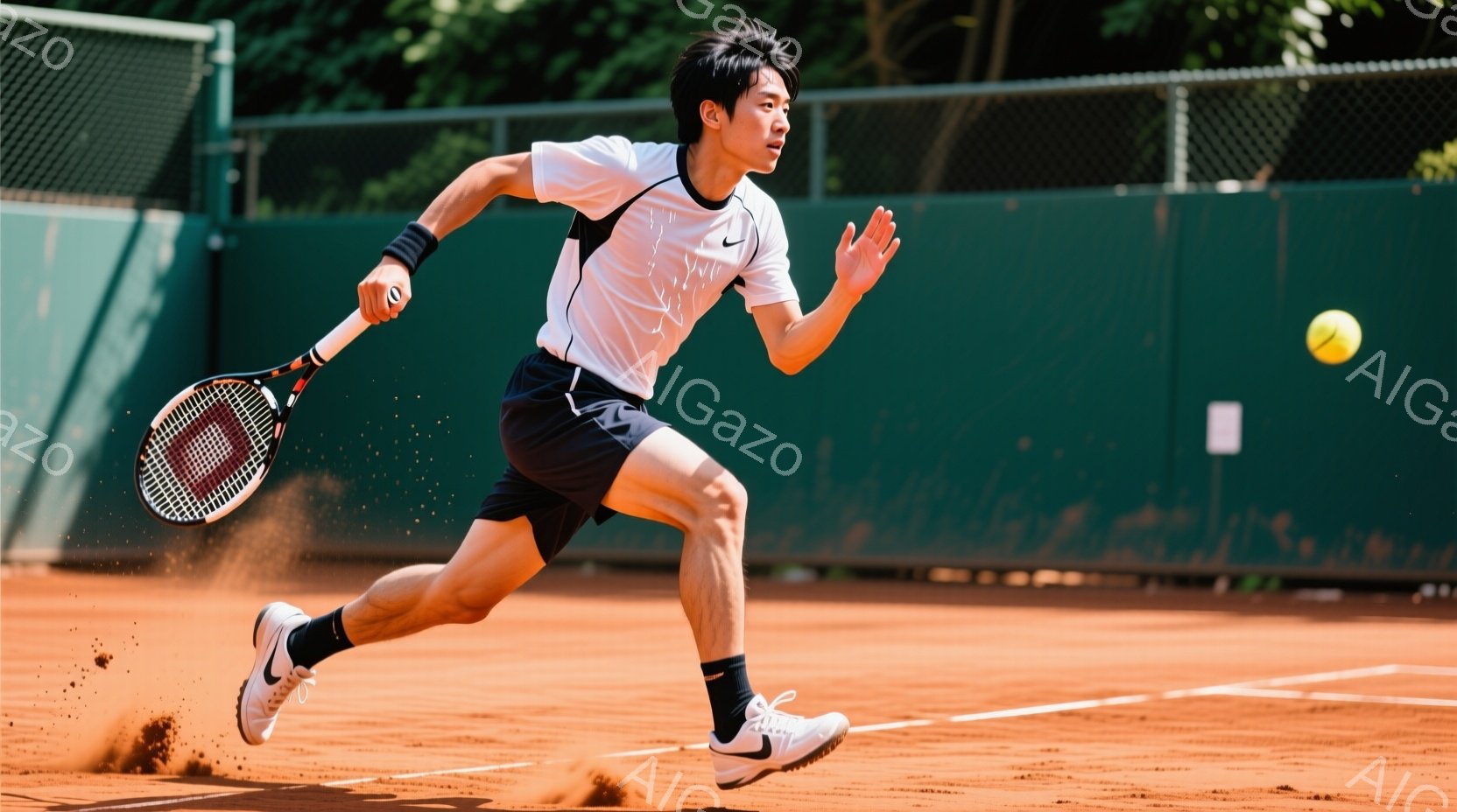 テニスプレイヤーが砂地のコートを力強く走っている様子が捉えられています。白いポロシャツに黒いショートパンツ、そしてスニーカーを着用し、髪は短く整えられています。背景には緑のネットとフェンスが見え、コートの砂が舞い上がっていることから、激しいラリーが行われている様子が伺えます。