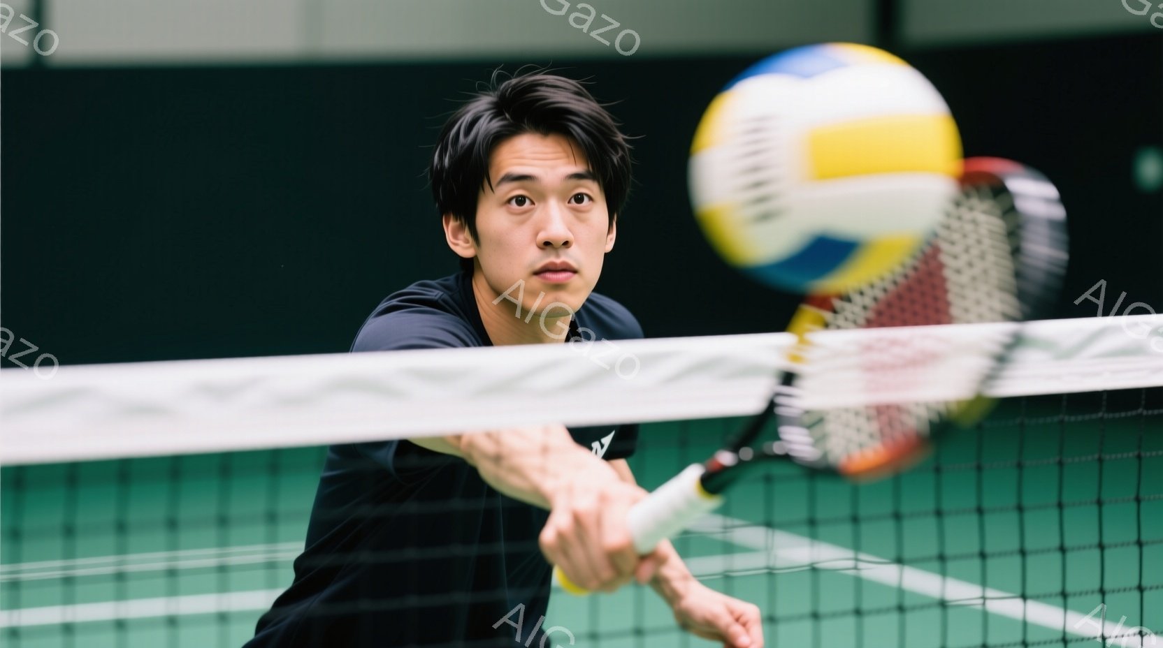 黒いTシャツを着た若い男性が、バドミントンラケットを構え、ネット越えのシャトルコックを打とうとしています。彼の髪は短く、額にかかっており、表情は集中していて真剣です。背景は緑色のバドミントンコートで、シャトルコックが鮮明に写っています。