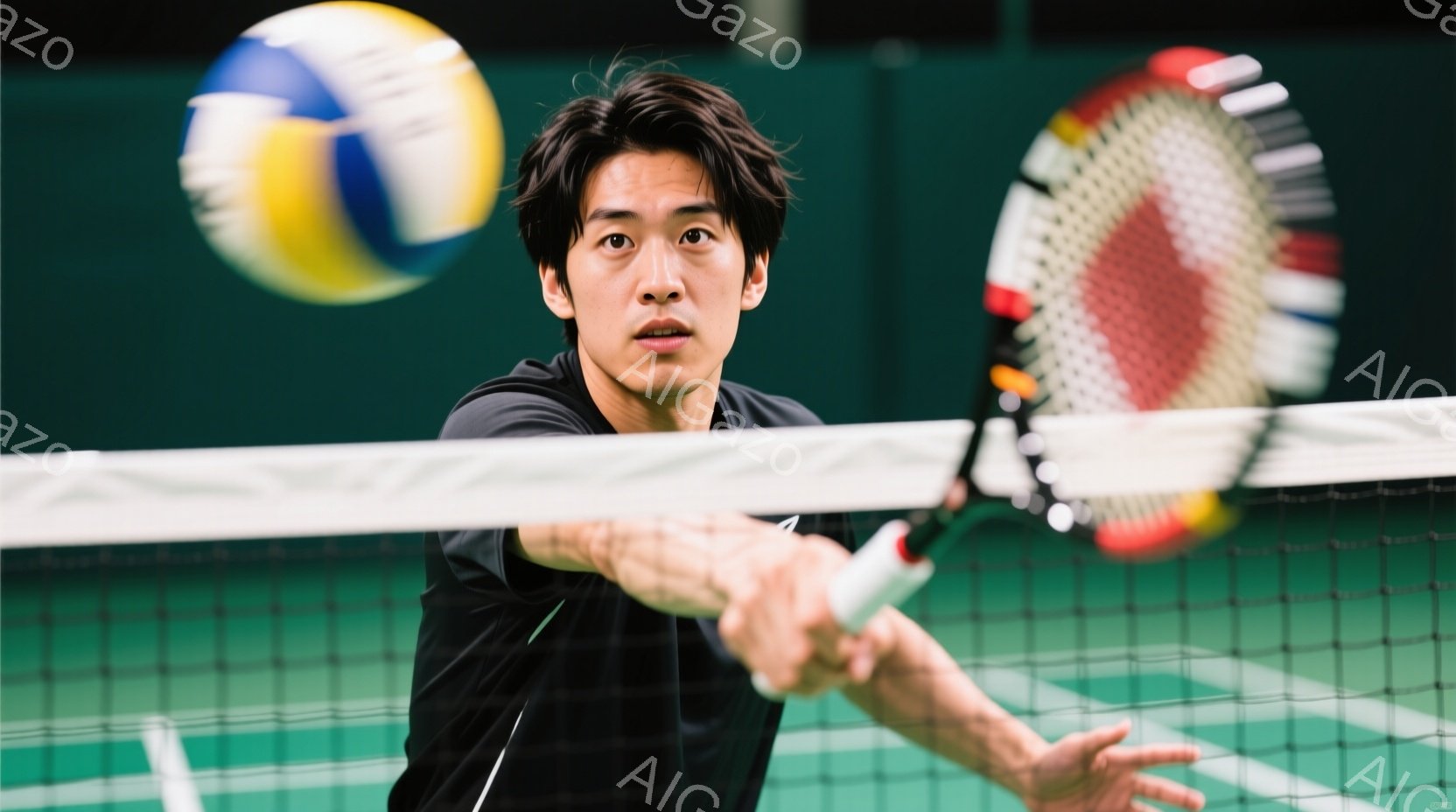 バドミントン選手が競技に集中している様子が写っています。彼は黒い半袖シャツを着ており、短く整髪された髪型で、真剣な表情をしています。背景には緑色のコートとネット、そして少しぼやけたバドミントンラケット - AI生成フリー素材