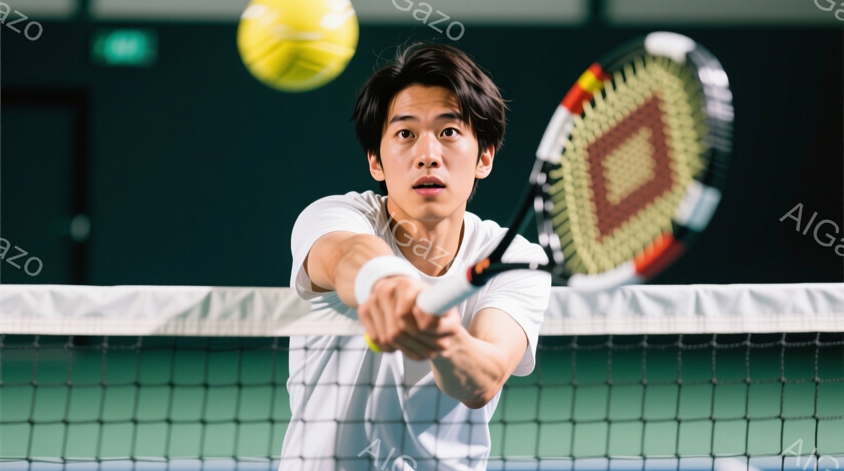 若い男性がテニスラケットを構え、テニスボールを打とうとしている瞬間を捉えた写真です。彼は白いTシャツを着ており、短髪で、集中した表情をしています。背景は緑色のテニスコートで、ネット越しに見え、スポーツ - AI生成フリー素材