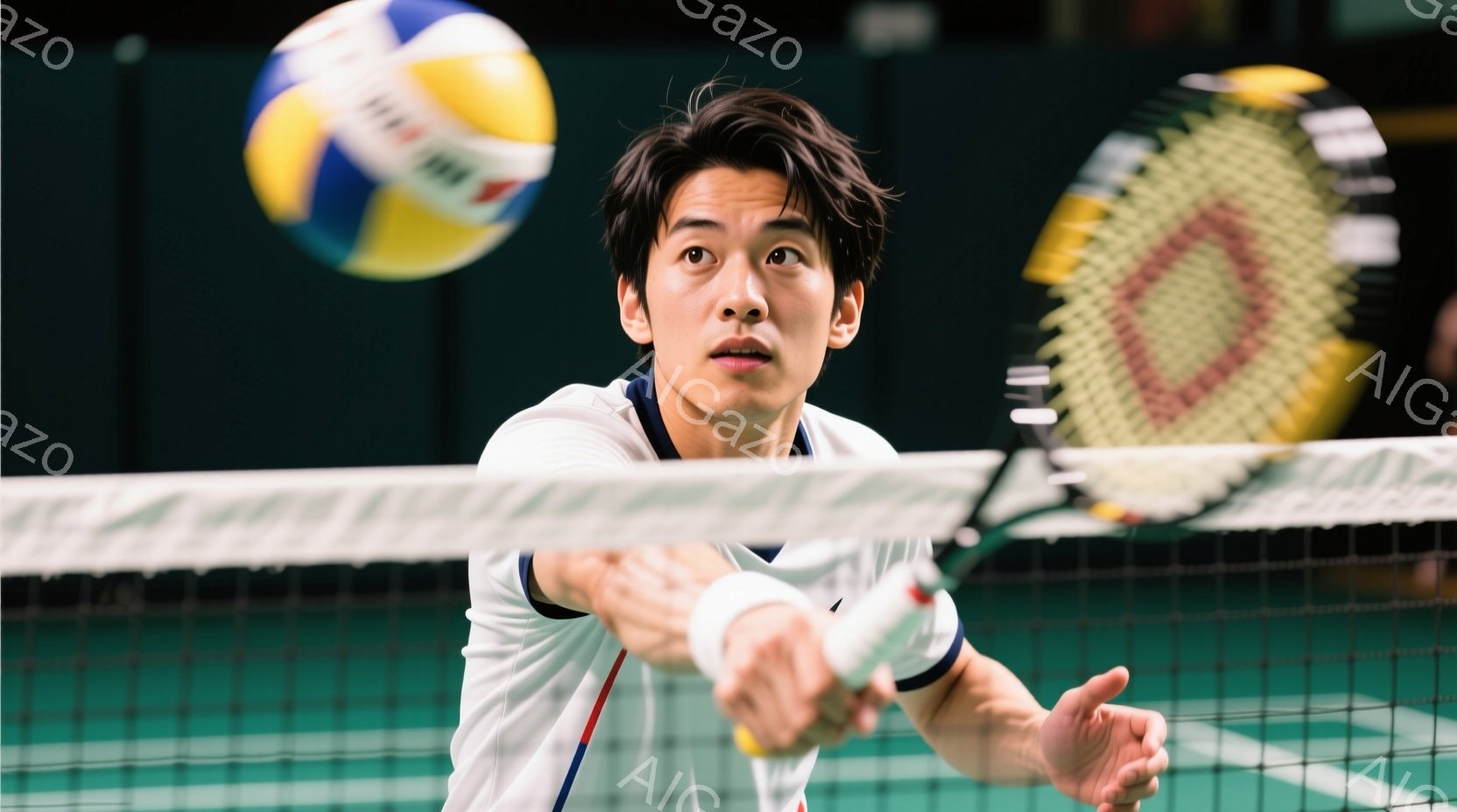 白いTシャツを着た若い男性がバドミントンのネットに向かってラケットを振りかぶっている様子が写っている。彼は黒髪で、少し緊張した表情をしており、スポーツに集中していることがわかる。背景はバドミントンのコートで、少し暗い照明の下、バドミントンボールとネットが焦点になっている。