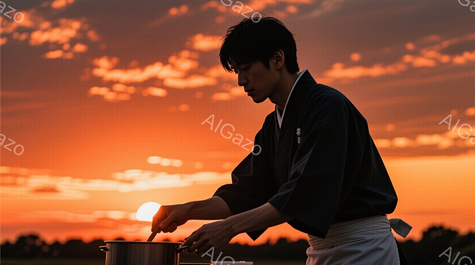黒い着物と白い腹掛けを身につけた男性が、夕焼けを背景に鍋をかき混ぜている。彼の髪は短く、表情は真剣で、料理に集中している様子がうかがえる。背景は燃えるような夕焼け空と緑の草地で、夕暮れ時の静かで温かい雰囲気を醸し出している。