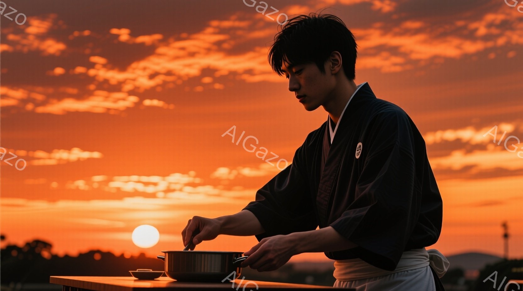 夕焼けを背景に、黒い着物姿の男性が調理をしている様子が写っている。彼は前かがみになり、フライパンの中身を丁寧に混ぜている姿は、真剣さと集中力を感じさせる。背景には燃えるような夕焼け空と、ぼんやりとした - AI生成フリー素材