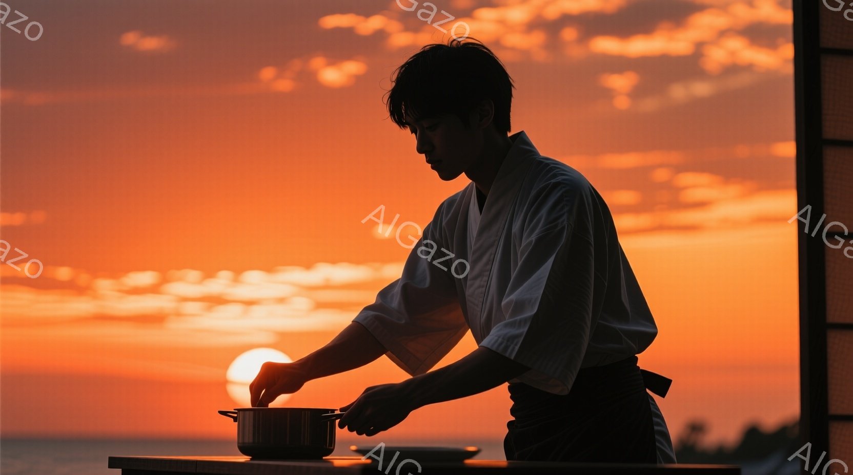 オレンジ色に染まった夕焼け空を背景に、白いコックコートと黒いエプロンを身につけた男性が調理をしている様子が捉えられている。彼は鍋を覗き込み、真剣な表情で何かを確かめているようで、姿勢はやや前傾している。背景には海が見え、夕焼け空と海のコントラストが美しい、静かで穏やかな雰囲気を醸し出している。