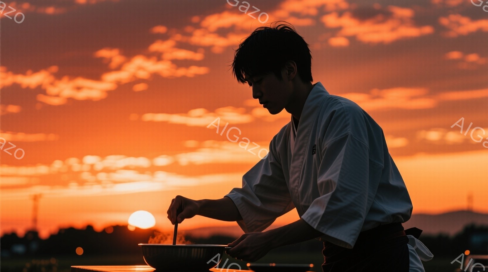 白い道着を着た男性が、夕焼けを背景に何かを混ぜている様子が写っている。彼は黒髪で、真剣な表情で調理に集中している。背景には、オレンジ色と赤色のグラデーションが美しい夕焼け空と、遠くに見える山の稜線、そしてぼんやりとした建物の影が広がっている。