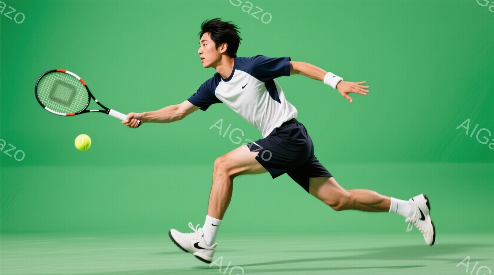 男子はテニスをしている最中で、右手にラケットを持って、ボールを打とうとしているところです。彼は白いシャツと黒い短パンを着ており、動きやすい服装です。背景は緑色で、テニスコートのようです。 - AI生成フリー素材