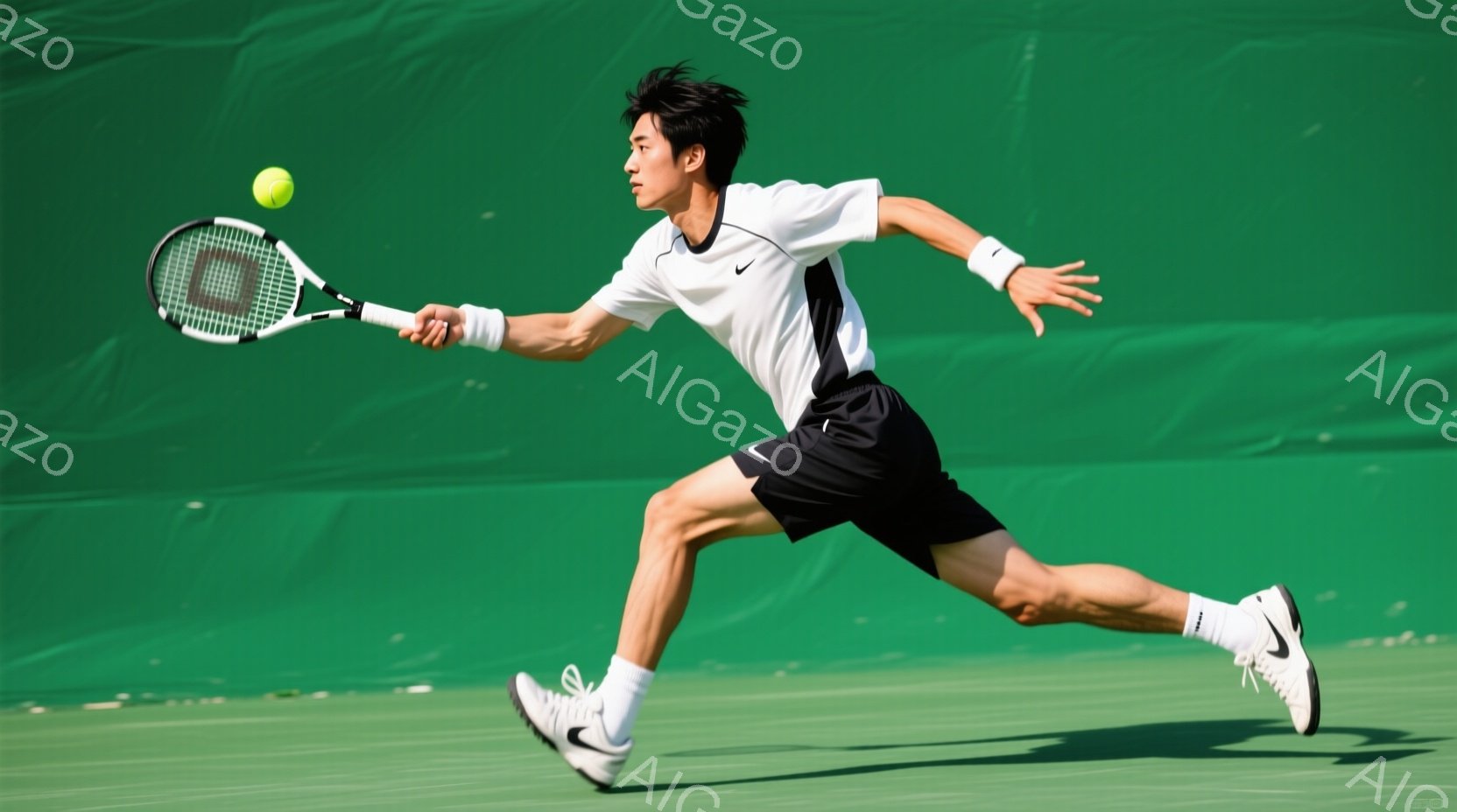 テニスをする若い男性が写っています。彼は白いポロシャツに黒い短パン、白いテニスシューズを着用し、髪は短く整えられています。彼はフォアハンドストロークを打ち、力強くボールを叩こうとする姿勢で、背景は鮮や - AI生成フリー素材