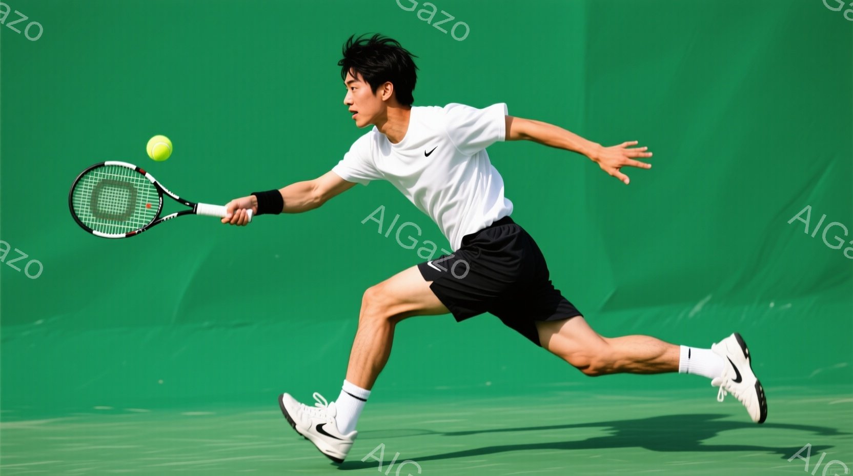 若い男性テニス選手が、緑色のコートでフォアハンドショットを打とうとしている瞬間を捉えた写真です。彼は白いTシャツ、黒いショートパンツ、白いソックスとテニスシューズを着用し、短髪で、集中した表情でボール - AI生成フリー素材