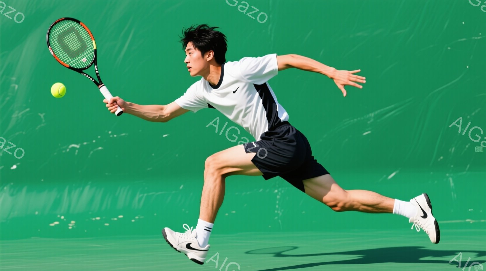 若い男性テニス選手が、緑色のコートを疾走している様子が写っている。彼は白い襟付きのシャツと黒いショーツ、白のテニスシューズを着用し、短く整えられた黒髪をしている。テニスラケットを構え、フォアハンドスト - AI生成フリー素材