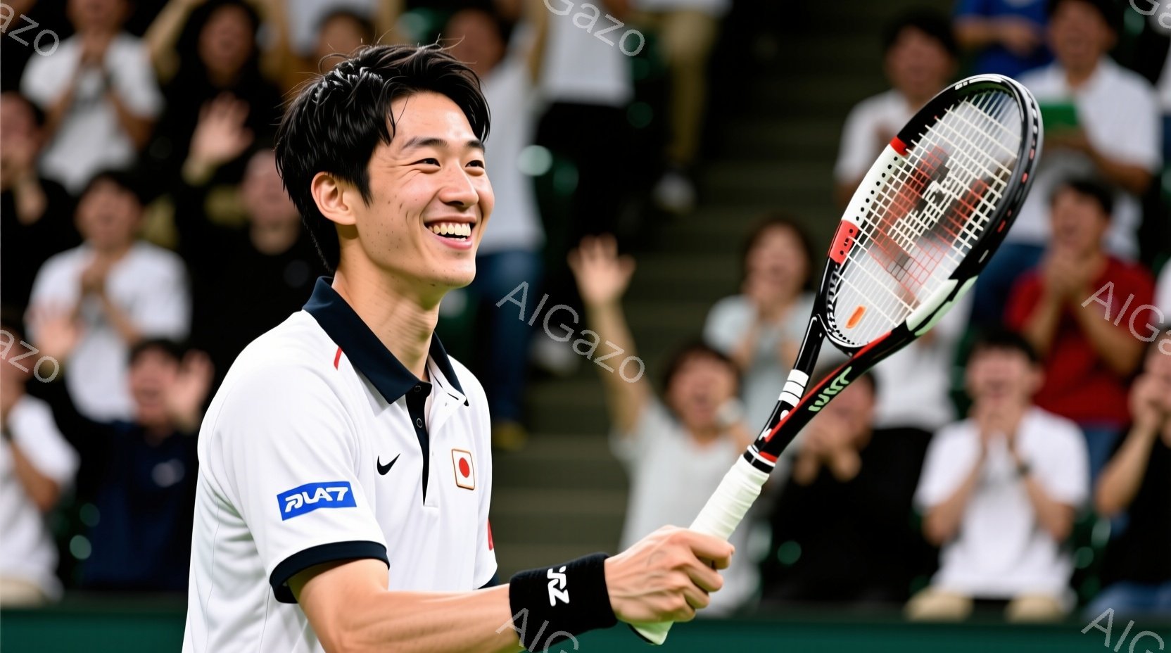 白いポロシャツを着た若い男性テニス選手が、満面の笑みを浮かべています。彼は右手にテニスラケットを持ち、勝利を祝っているような表情をしています。背景には観客席が見え、会場全体が活気に満ちた雰囲気です。 - AI生成フリー素材