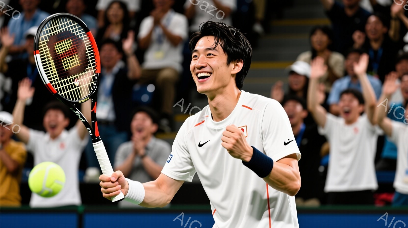 テニス選手が勝利の瞬間に両手を高く上げ、満面の笑みを浮かべています。彼は白いポロシャツに黒のリストバンドを着用し、短く整えられた黒髪が特徴的です。背景には観客席が広がり、多くの人々が興奮して手を挙げて祝福している様子が伺えます。