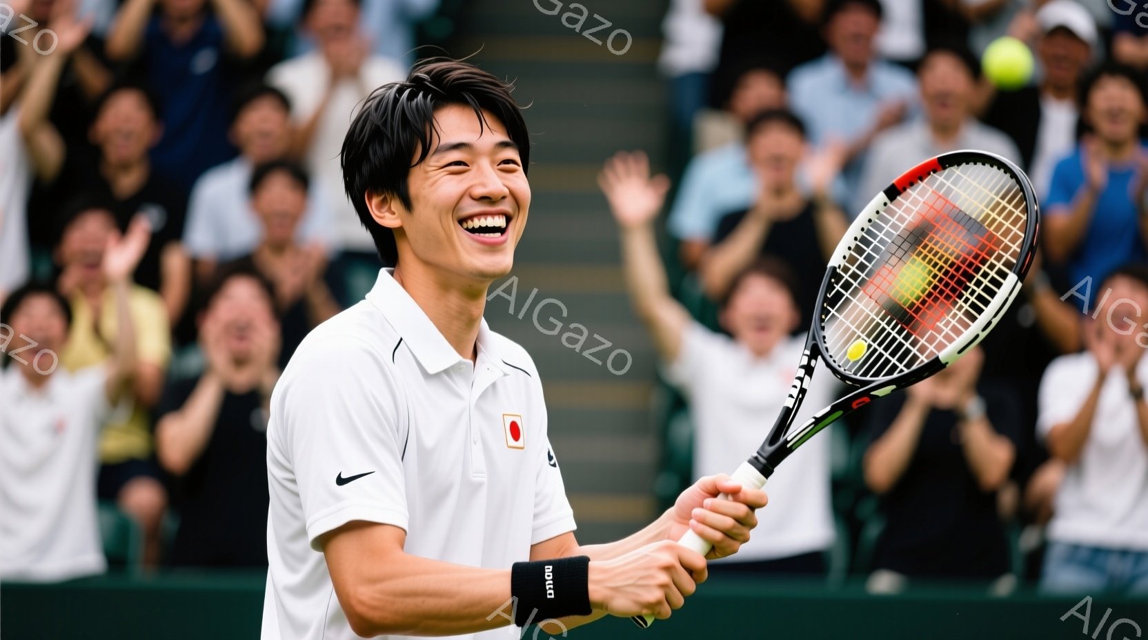 男子は白いテニスウェアに黒いリストバンドを着用し、笑顔でテニスラケットを高く掲げています。背景には観客席が見え、歓声が聞こえてきそうな活気があります。緑色のコートと明るい天候から、試合の勝利を祝う瞬間 - AI生成フリー素材