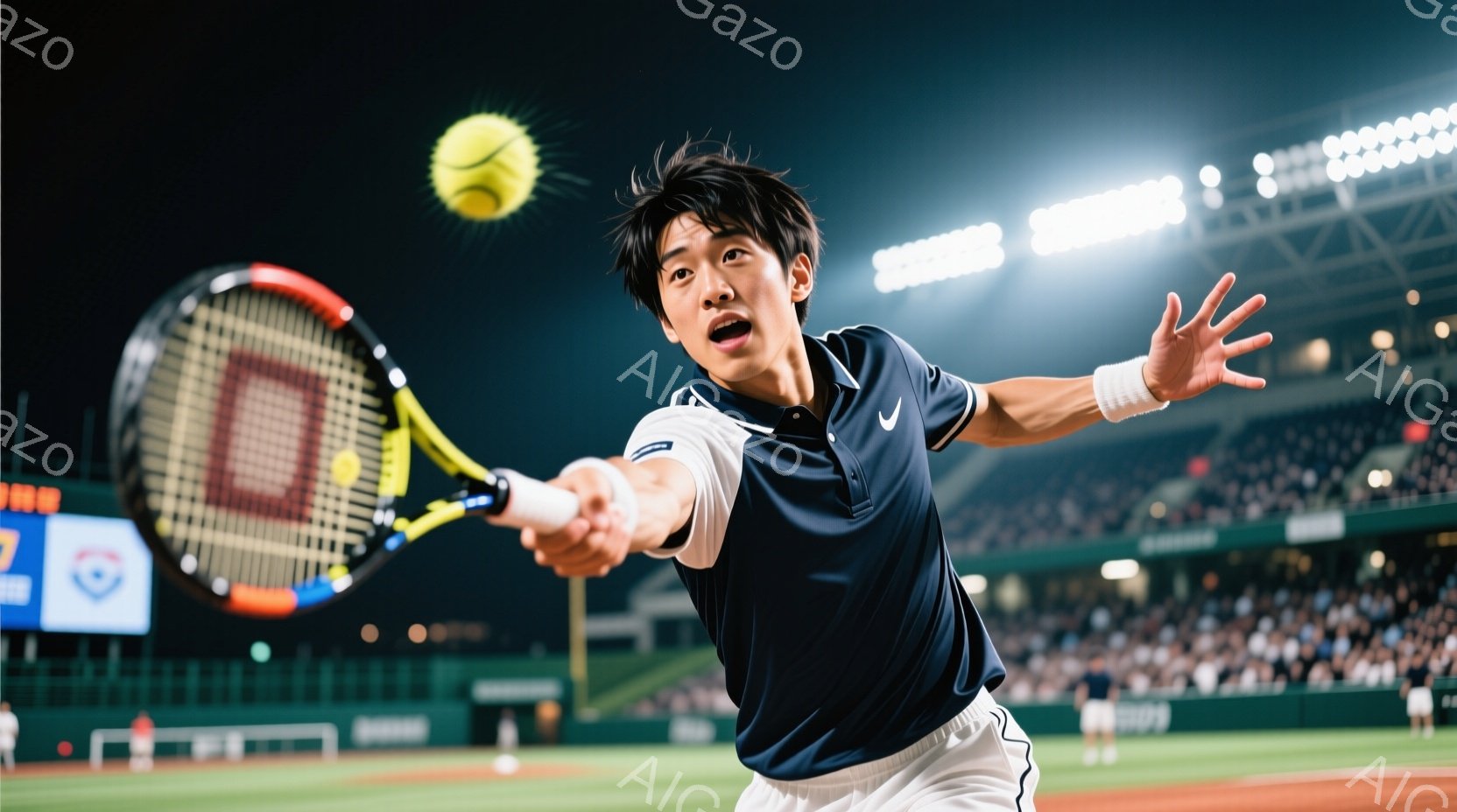 紺色のポロシャツと白いショートパンツを着用した若い男性テニス選手が、フォアハンドストロークでボールを打とうとしている瞬間を捉えた写真です。彼は髪を短く切り、集中した表情で、力強いフォームでボールにラケ - AI生成フリー素材