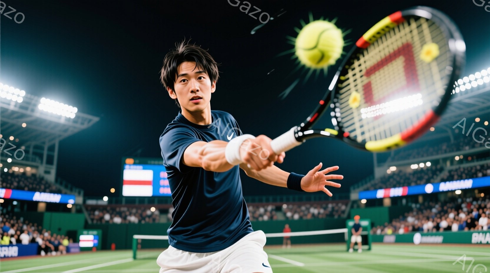 競技中のテニス選手が写っています。紺色のポロシャツと白いショートパンツを着用し、ラケットを大きく振りかぶり、フォアハンドショットを打とうとしています。背景には観客席と夜景がぼやけて見え、競技場の活気と - AI生成フリー素材
