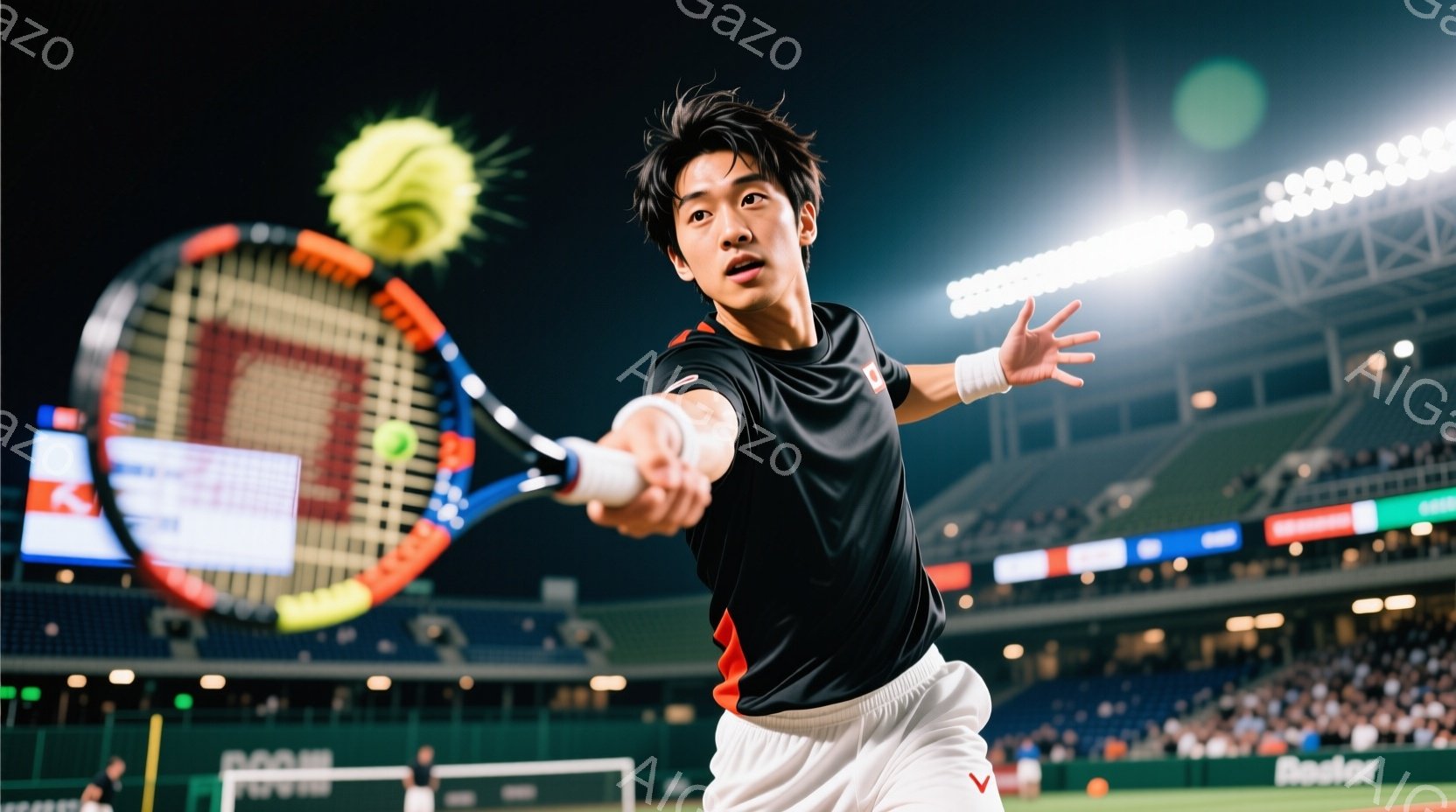 黒いシャツと白いショートパンツを着用した若い男性テニス選手が、テニスボールを打ち返す瞬間を捉えた写真です。彼は力強いフォームでラケットを振り抜き、集中した表情を浮かべています。背景には、夜間のテニスコートと観客席が見え、競技場の照明が明るく照らしています。