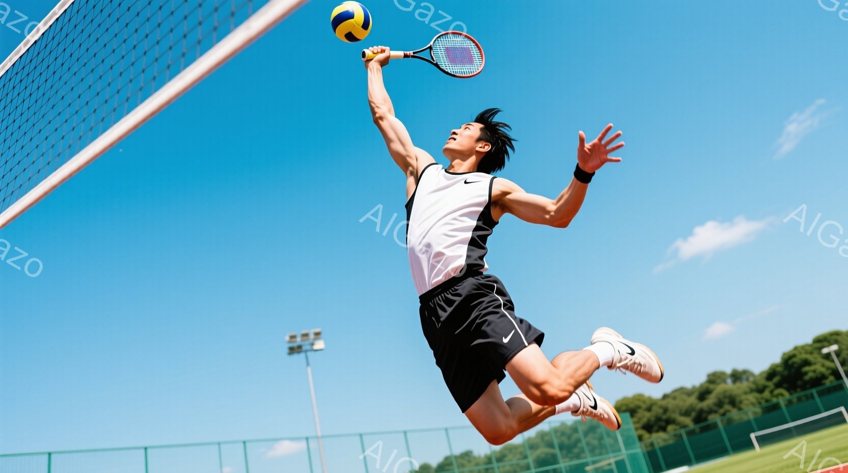 空中を飛び跳ねてテニスラケットでボールを打ち返す男性が写っています。彼は黒と白のストライプが入ったスポーツウェア、黒い短パン、そして白いスニーカーを着用しており、短髪で引き締まった体格をしています。背 - AI生成フリー素材