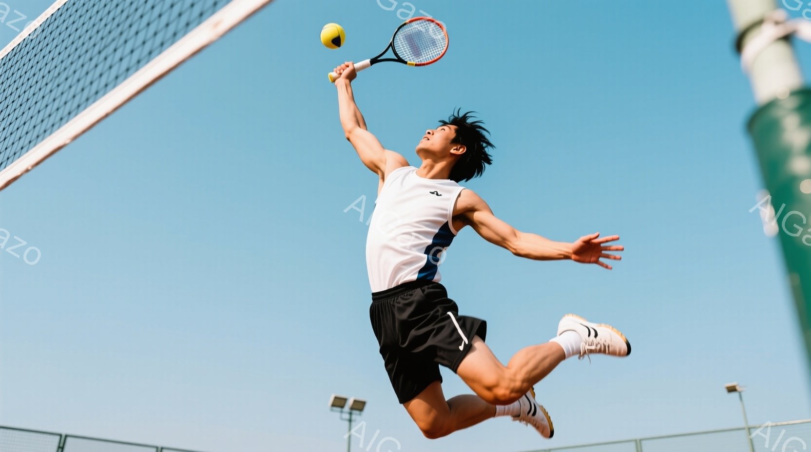 テニスプレーヤーが空中で高くジャンプし、オーバーヘッドスマッシュをしようとしている瞬間を捉えた写真です。彼は白いタンクトップと黒いショーツを着用し、短く刈り込まれた黒髪が特徴的です。背景には青空とテニスコートのネット、そして遠くに照明塔が見え、晴天の下での活気あるテニスの試合の雰囲気が伝わってきます。