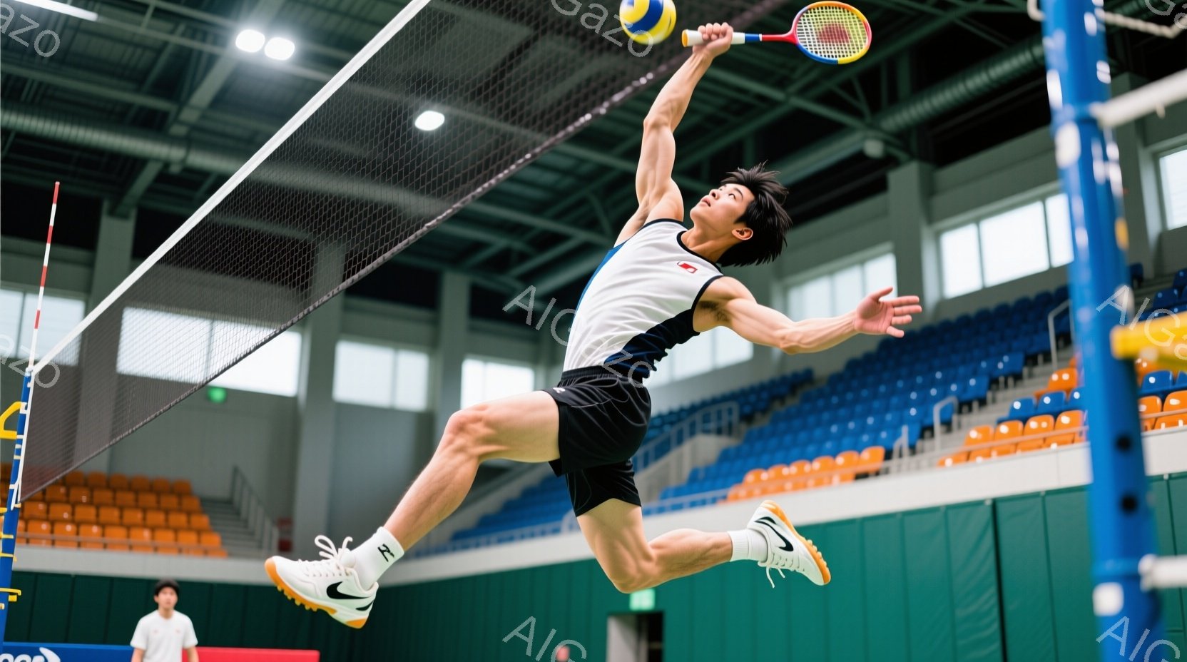 バドミントンコートで空中でシャトルを打ち込もうとしている男性の躍動的な姿が捉えられています。彼は白と黒のバドミントンウェア、ショートパンツ、そしてスニーカーを着用し、髪は短く整えられています。背景には観客席が見え、コート全体が明るく照らされており、競技に集中した活気のある雰囲気が伝わってきます。