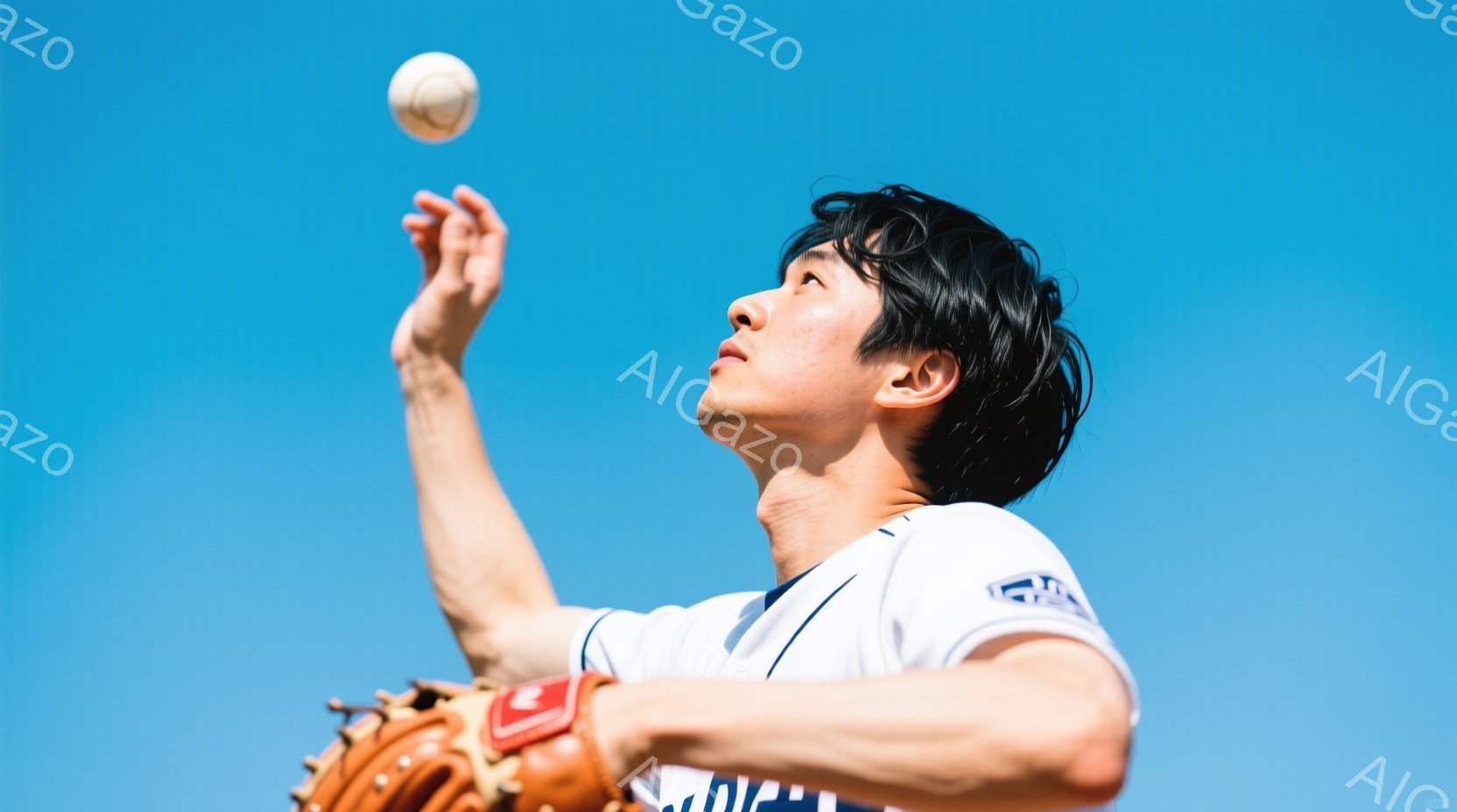 少年は野球のユニフォームを着用し、右手にボールを、左手にグローブを持っています。彼は空を見上げて、ボールを投げる直前のポーズをとっており、真剣な表情を浮かべています。背景は晴れた青空で、夏の日の野球練習の様子が伝わってきます。