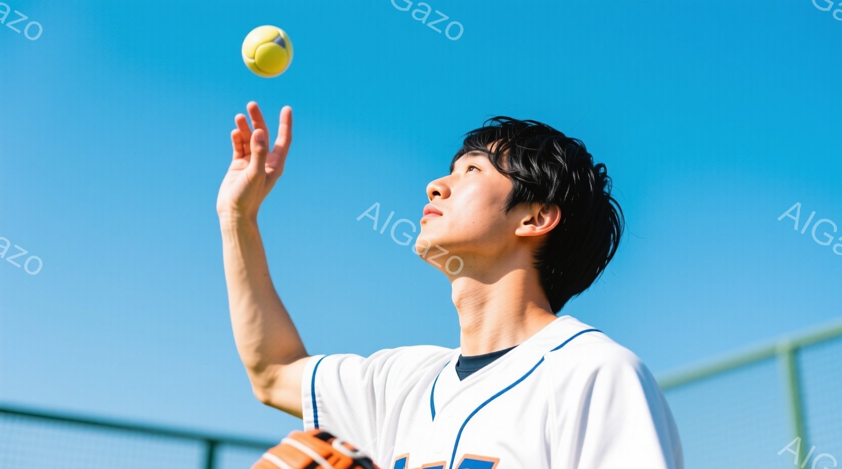 少年は野球のユニフォームを着て、空中に投げられたボールを見上げています。彼の髪は黒く、少し乱れています。背景は青空で、フェンスがわずかに見え、晴れた日の屋外での活動を示唆しています。