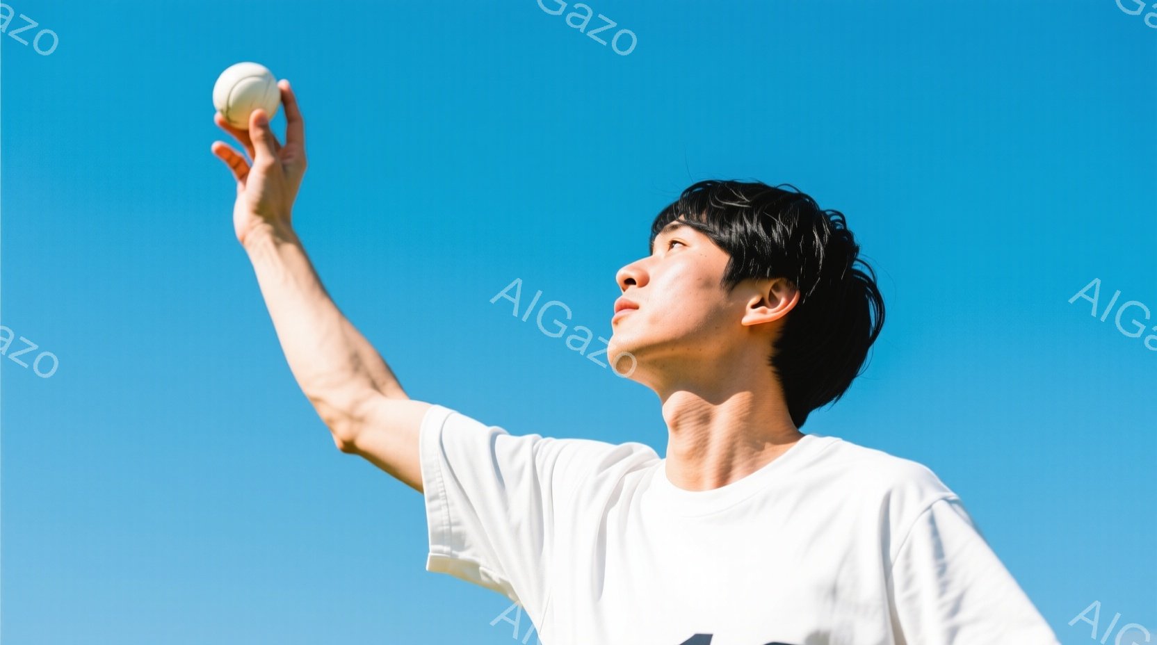 若い男性が白いTシャツを着て、青空を背景に上を見上げてボールを高く投げている。彼の髪は短く、黒く、表情は真剣で、運動やスポーツを楽しんでいる様子が伺える。背景は晴れた青空で、明るく爽やかな雰囲気を醸し - AI生成フリー素材