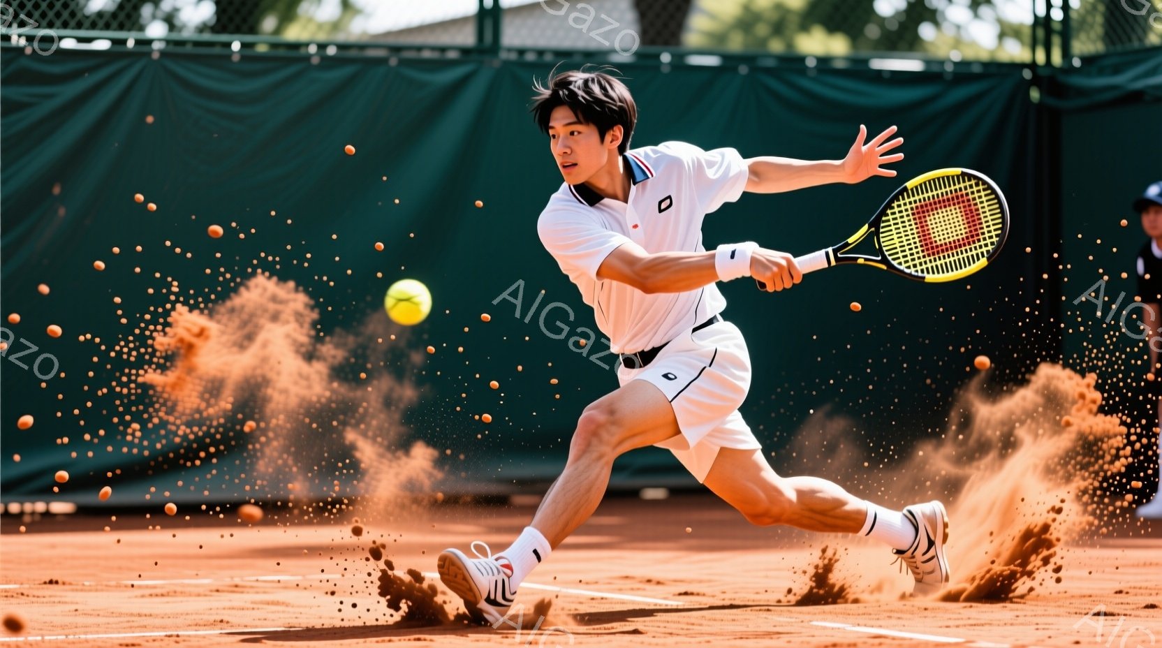 砂上のテニスコートで、白のポロシャツと白のショートパンツを着た男性が、フォアハンドストロークを打とうとしている瞬間を捉えた写真です。彼は少し前かがみの姿勢で、片足を大きく踏み出し、力強いスイングでボー - AI生成フリー素材