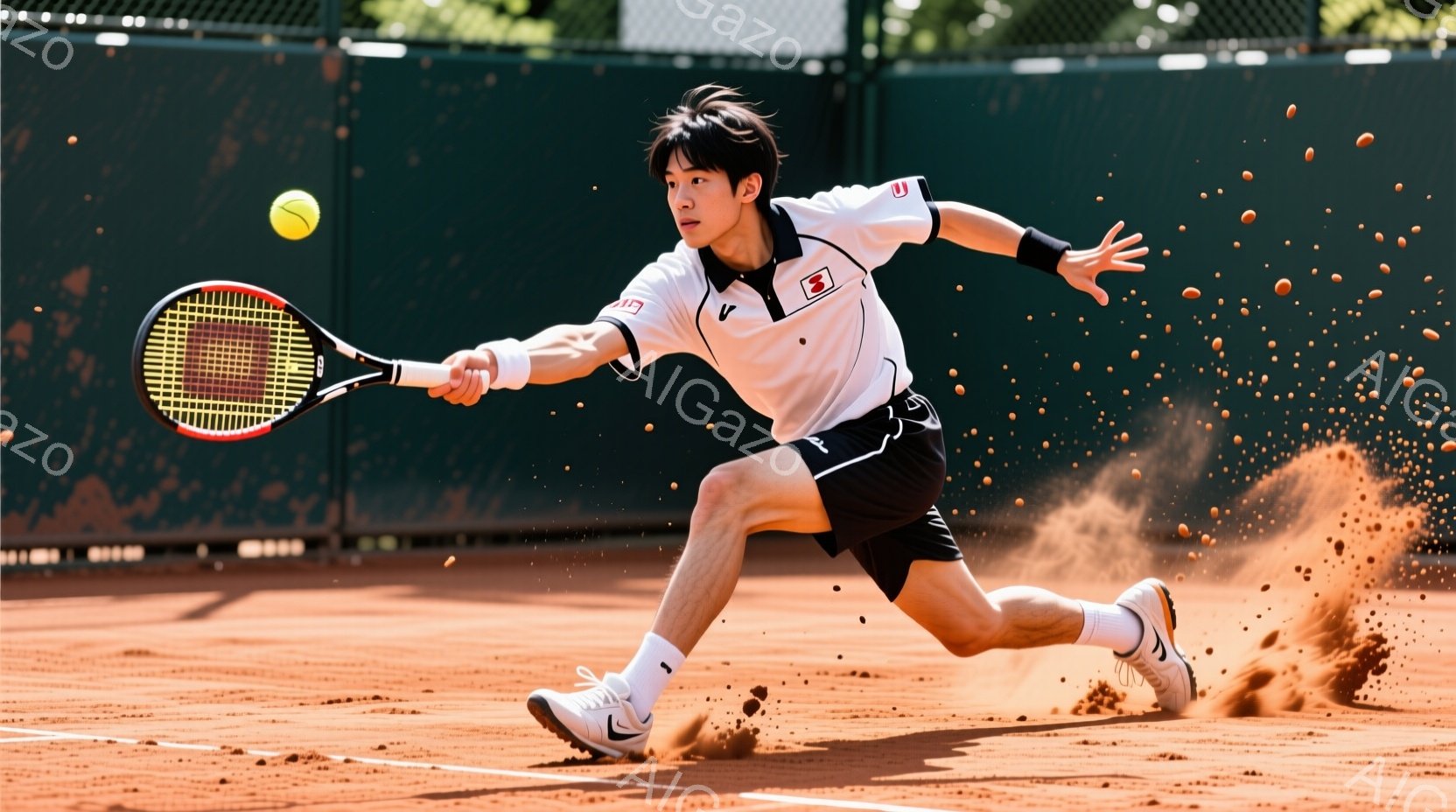 テニスをする若い男性が写っている。彼は白いシャツに黒いショーツ、白いソックスとスニーカーを着用し、髪は短く整えられている。彼はフォアハンドストロークを打ち、地面に土が舞い上がっている様子から、激しいラリーの最中であることがわかる。