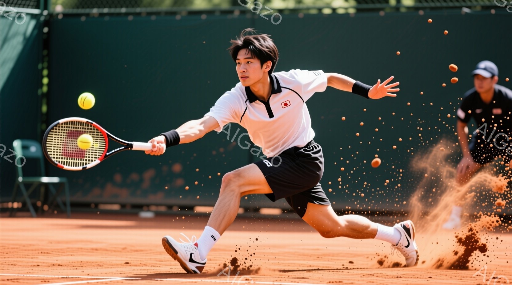 白いポロシャツと黒いショートパンツのテニス選手が、土のコートでフォアハンドストロークを打とうとしている瞬間を捉えた写真です。彼は少し前かがみになり、右手をラケットに、左手を体の前に伸ばしてバランスを取 - AI生成フリー素材