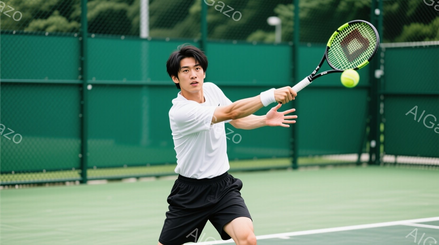 若い男性テニス選手が、フォアハンドストロークでボールを打とうとしている瞬間を捉えた写真です。彼は白い半袖シャツと黒いショーツを着用し、髪は短く整えられています。背景には緑豊かなフェンスとテニスコートの - AI生成フリー素材