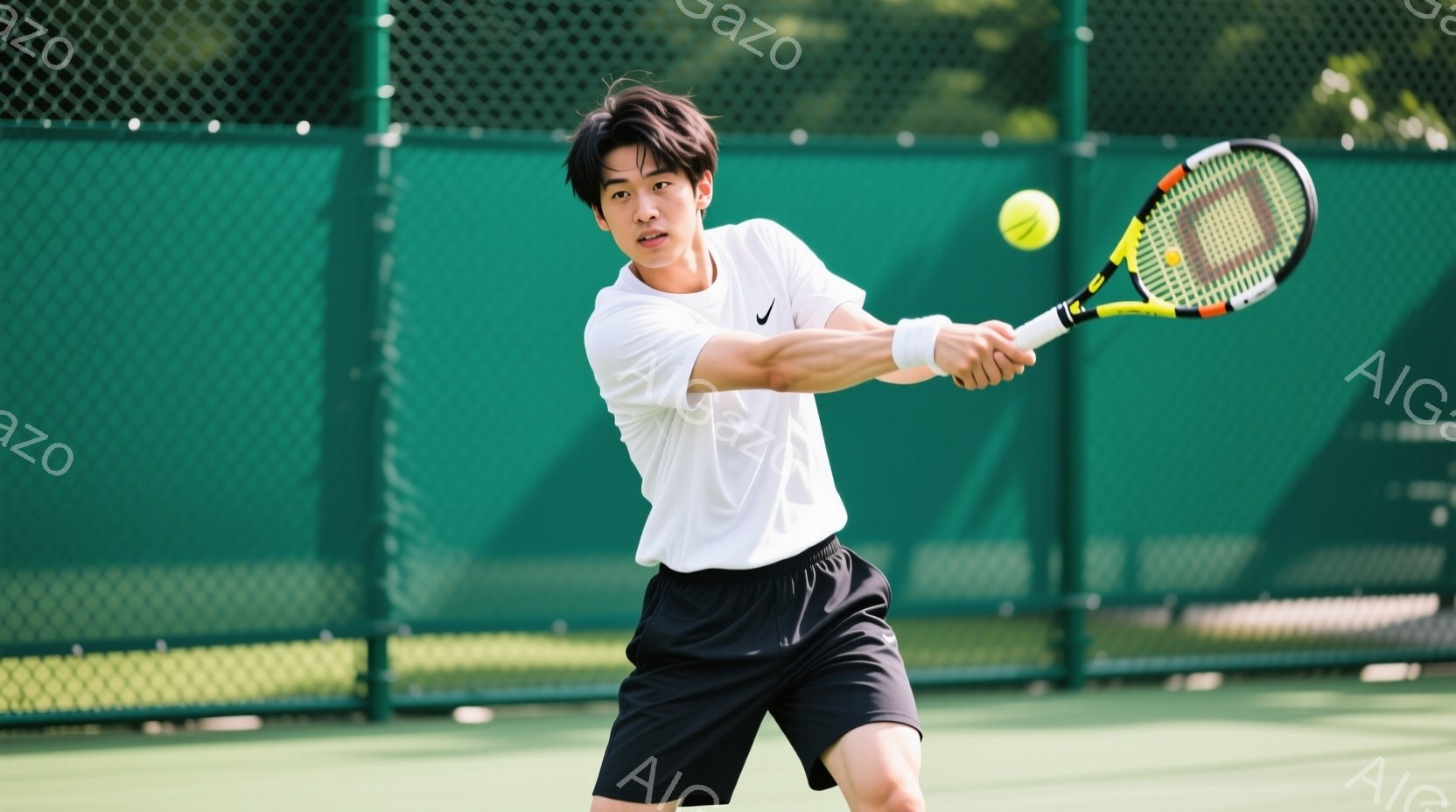 若い男性テニス選手がフォアハンドショットを打っている瞬間を捉えた写真です。彼は白いTシャツと黒いショーツを着用し、少し長めの髪を後ろに流しています。背景には緑色のネットと緑豊かな木々が見え、晴れた日の - AI生成フリー素材