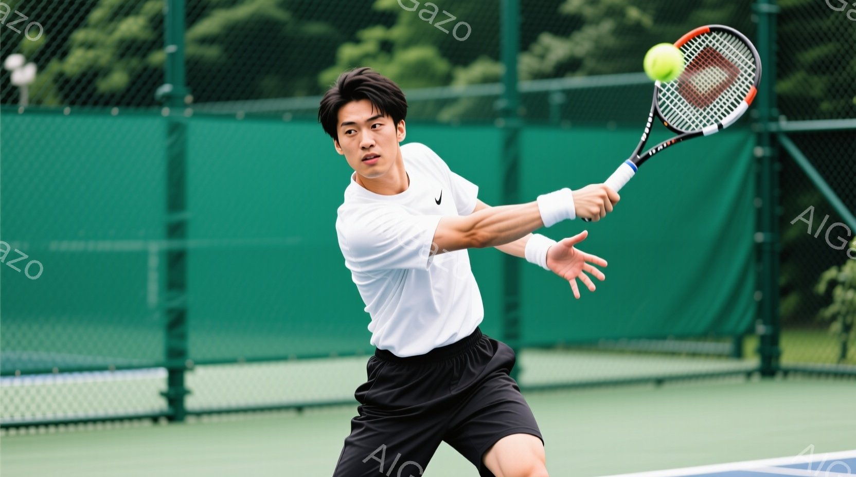 若い男性テニス選手が、フォアハンドストロークの途中で写っている。彼は白いTシャツと黒いショートパンツを着用し、髪は短く整えられている。背景には緑色のフェンスとテニスコートがあり、晴れた日の屋外でプレー - AI生成フリー素材