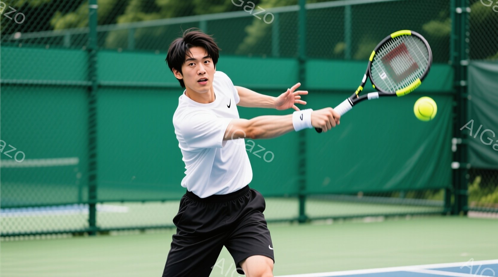 若い男性テニス選手が、フォアハンドストロークでボールを打とうとしている瞬間を捉えた写真です。白のTシャツに黒の短パン姿で、髪は短く整えられ、集中した表情でボールを見つめています。背景には緑色のフェンス - AI生成フリー素材