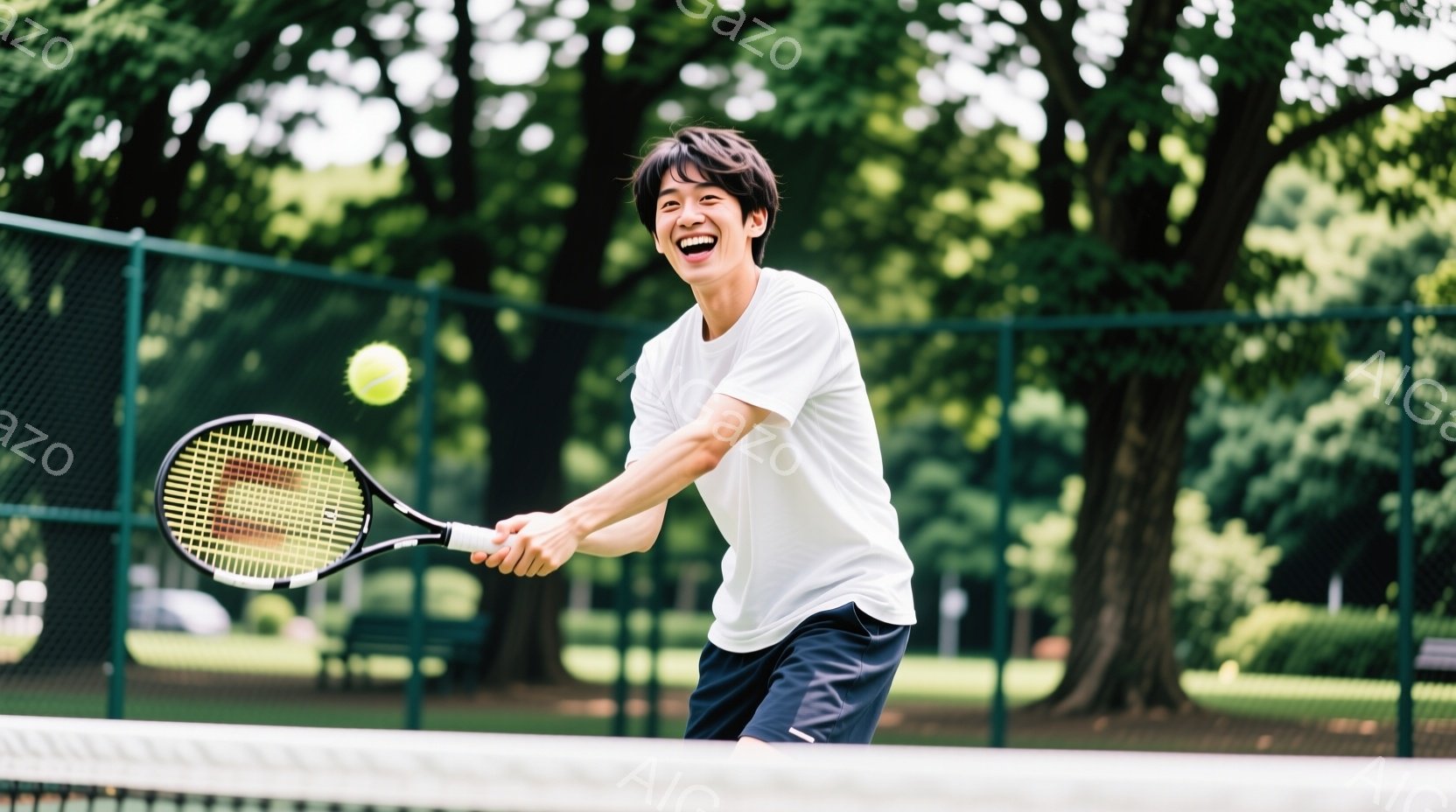 若い男性がテニスラケットを振りかぶり、ボールを打とうとしている瞬間を捉えた写真です。彼は白いTシャツと紺色の短パンを着用し、短髪で笑顔を見せています。背景には緑豊かな木々とテニスコートのネットが見え、 - AI生成フリー素材