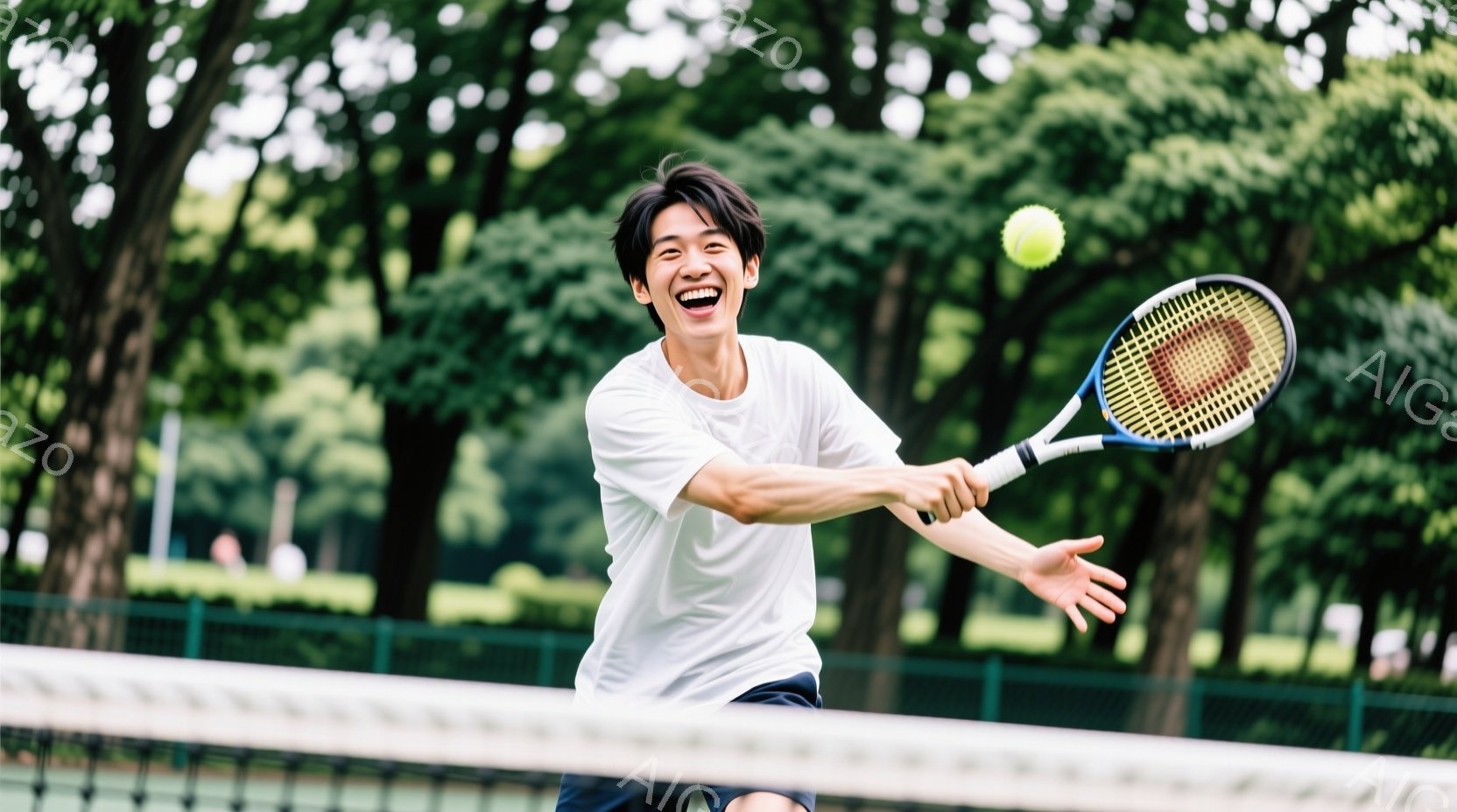 若い男性がテニスラケットを振りかぶり、テニスボールを打とうとしている瞬間を捉えた写真です。彼は白いTシャツと紺色のショートパンツを着用し、短髪で笑顔を浮かべています。背景には緑豊かな木々が生い茂り、テ - AI生成フリー素材