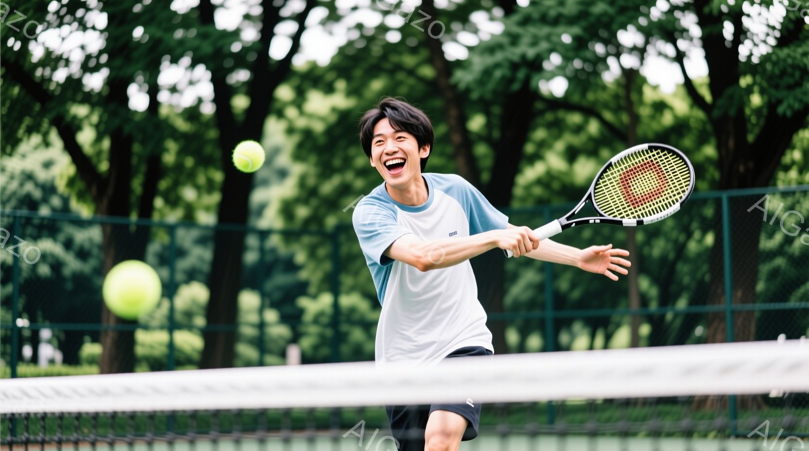 若い男性テニス選手が、ネットを越えてボールを打とうとしている瞬間を捉えた写真です。彼は、白と水色のストライプのシャツと黒いショーツを着用し、短髪で、満面の笑みを浮かべています。背景には緑豊かな木々とテ - AI生成フリー素材