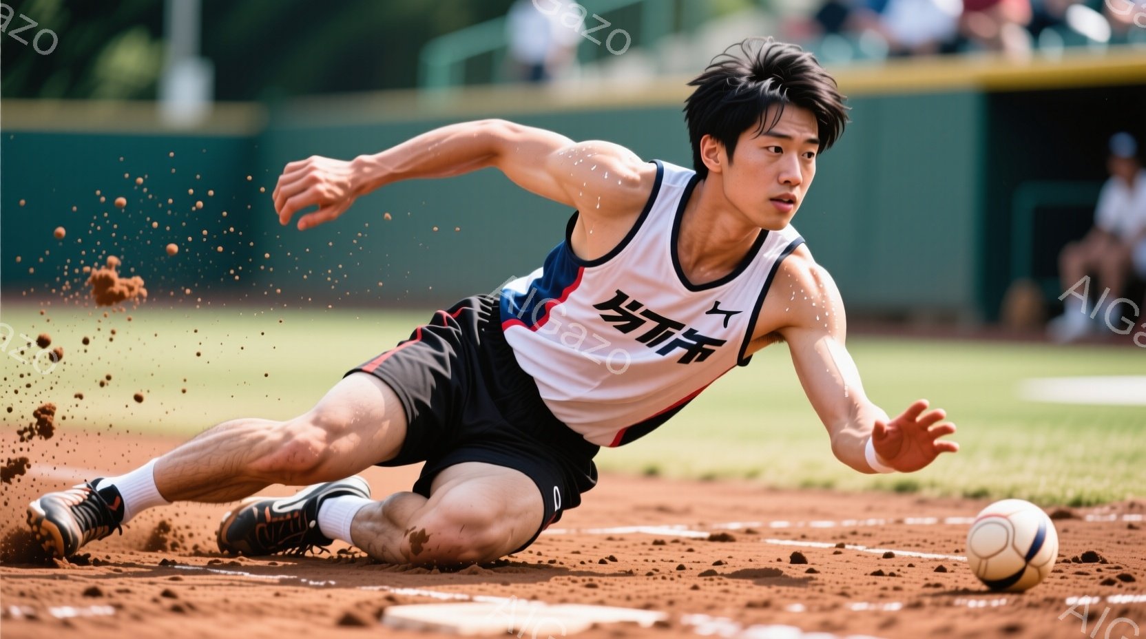 白いベースボールシャツに赤いストライプと漢字が書かれており、黒いショーツを履いた若い男性が土の上を滑りながらベースに滑り込もうとしている様子が写っている。彼の髪は短く、顔には強い集中力と決意が見て取れる。背景には緑の芝生とぼやけた観客席があり、晴れた日の熱い試合の雰囲気を感じさせる。