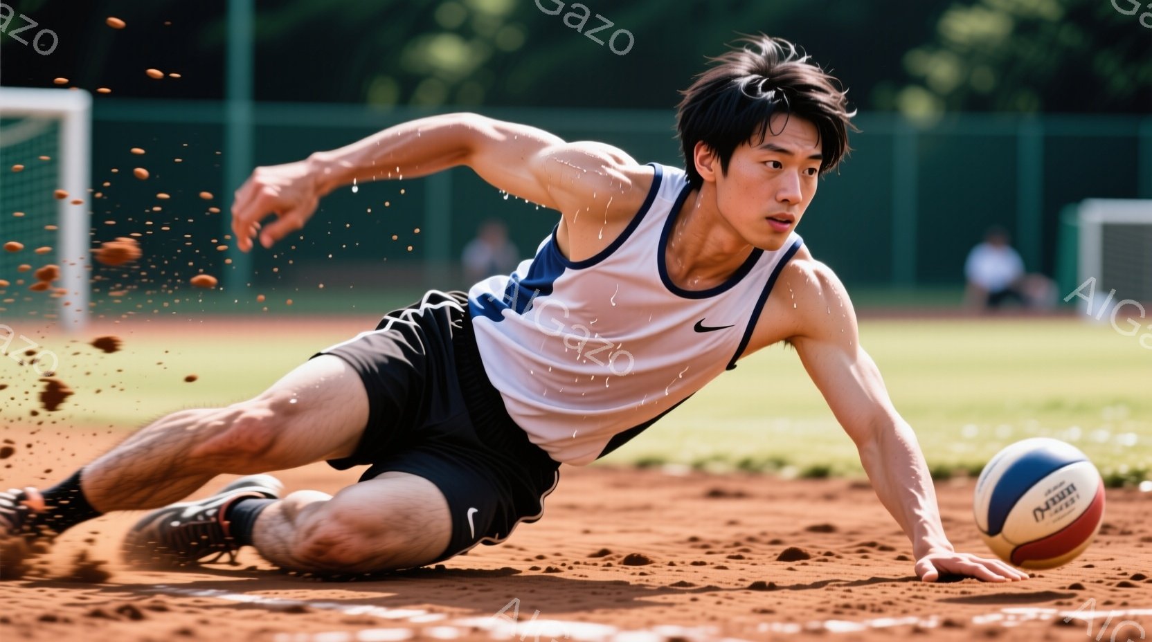 選手は土のコートにダイブするように倒れ込み、ボールに手を伸ばしている。白いタンクトップと黒いショーツ姿で、汗ばんだ肌と決意に満ちた表情が印象的だ。背景には緑の芝生とネット、そしてぼやけた人物が見え、夏の晴れた日の競技場の熱気を感じさせる。