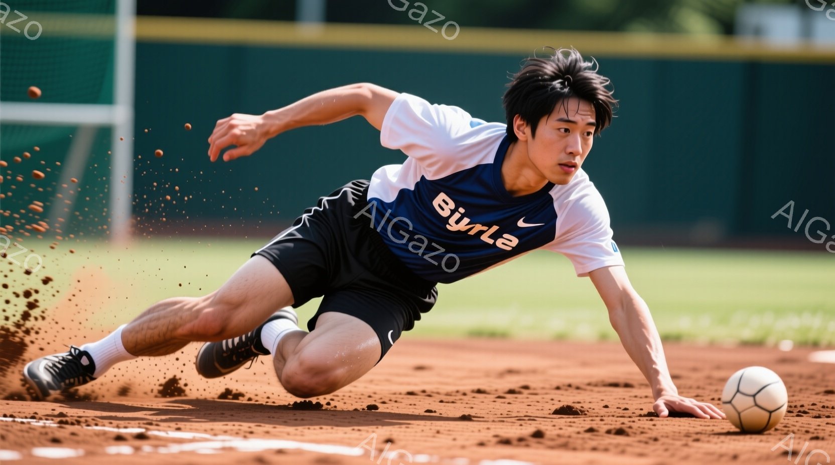 選手は土色のフィールドに体を滑らせており、左手を前に伸ばしてボールに近づこうとしている。黒い半袖シャツには「Bijrla」というロゴが入っており、黒のショーツとソックスを履いている。背景には緑の壁と植物が見え、晴天の下、活気のある競技場の雰囲気が伝わってくる。