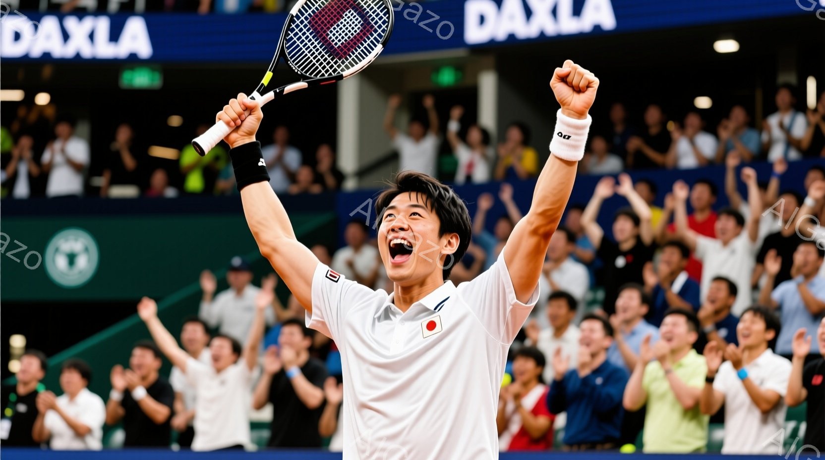 観衆席を背景に、テニスラケットを高く掲げ、勝利の雄叫びを上げている男性テニス選手が写っている。彼は白いポロシャツに黒いリストバンドとショートパンツを着用し、短く整髪された黒髪が特徴的で、顔には満面の笑 - AI生成フリー素材