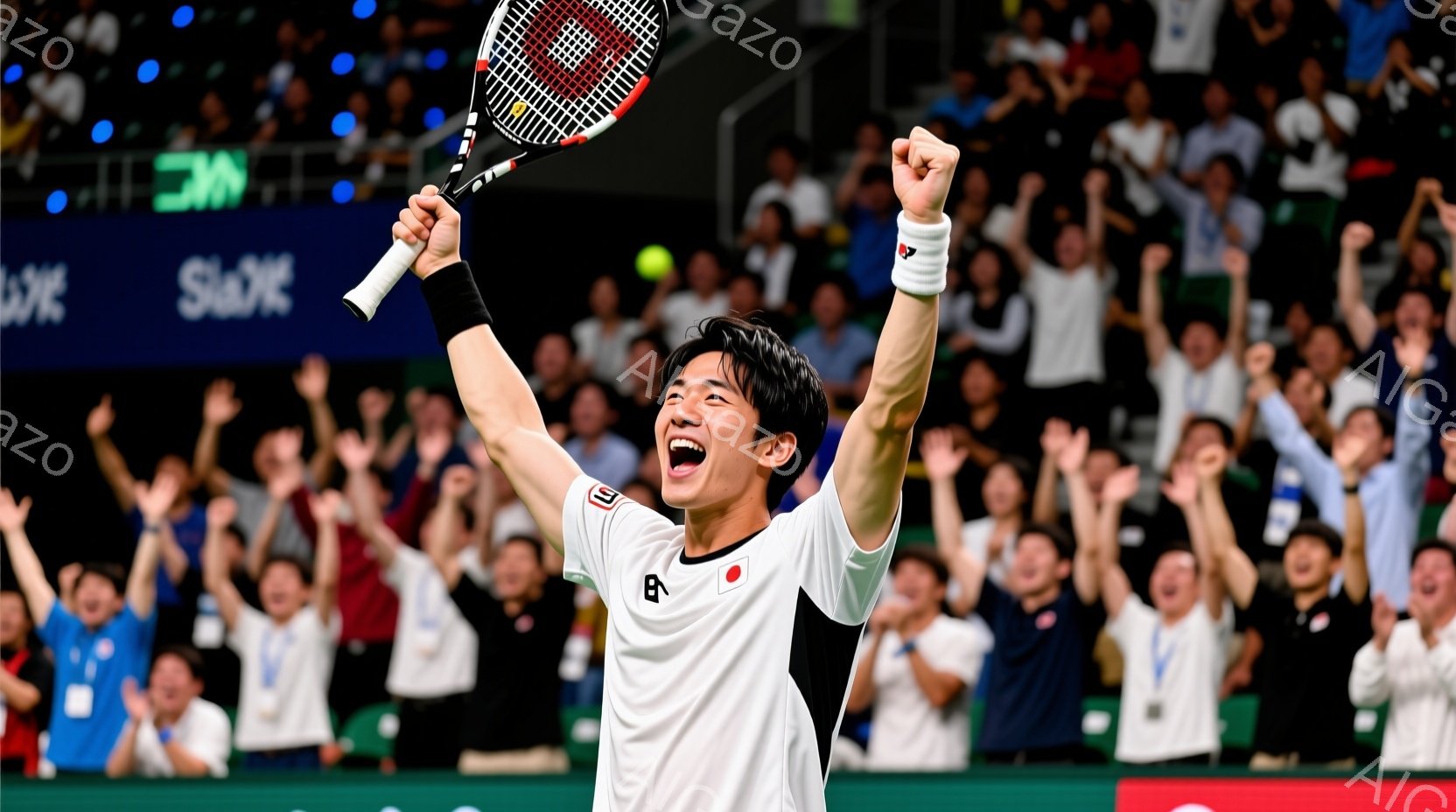 観客席を背景に、テニス選手が勝利を喜び、両手を高く挙げ、力強く叫んでいる。白を基調としたシャツには日本の国旗が描かれており、短髪でエネルギッシュな表情をしている。背景は観客で埋め尽くされ、活気に満ちた勝利の瞬間を捉えている。