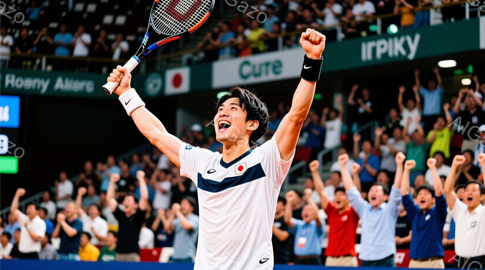 観客席でテニス選手が勝利の雄叫びをあげ、右手を高く掲げています。彼は白い襟と袖のテニスウェアに身を包み、短髪で、顔には満面の笑みが浮かんでいます。背景には観客が立ち上がり、祝福している様子がぼやけて写っており、勝利の興奮と高揚感が伝わってきます。