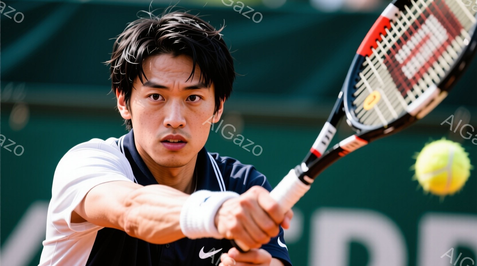 テニスをする若い男性のアップです。彼は濃い青色のテニスウェアと白いリストバンドを着用し、黒髪を短く整えています。真剣な表情で、フォアハンドストロークの準備をしている姿が捉えられています。