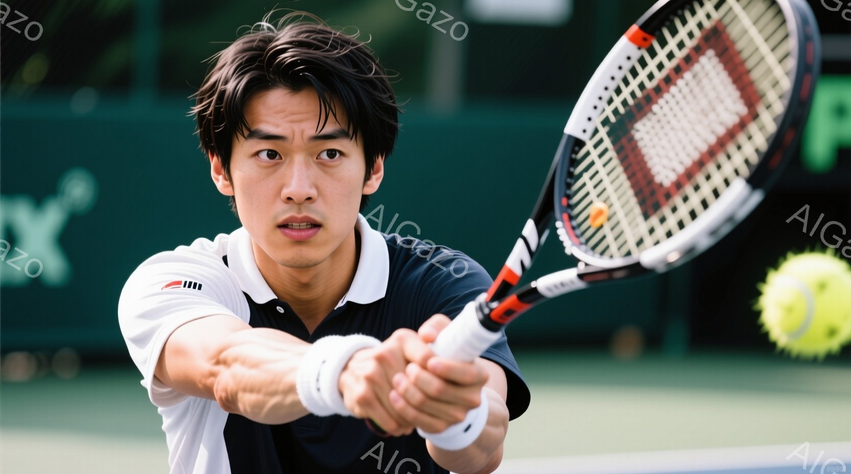 若い男性テニス選手が、フォアハンドストロークの最中に写っている。彼は黒の半袖シャツと白いショートパンツを着用し、髪は短く整えられている。背景は緑色のテニスコートで、ぼやけた緑の植生が見え、集中した表情 - AI生成フリー素材