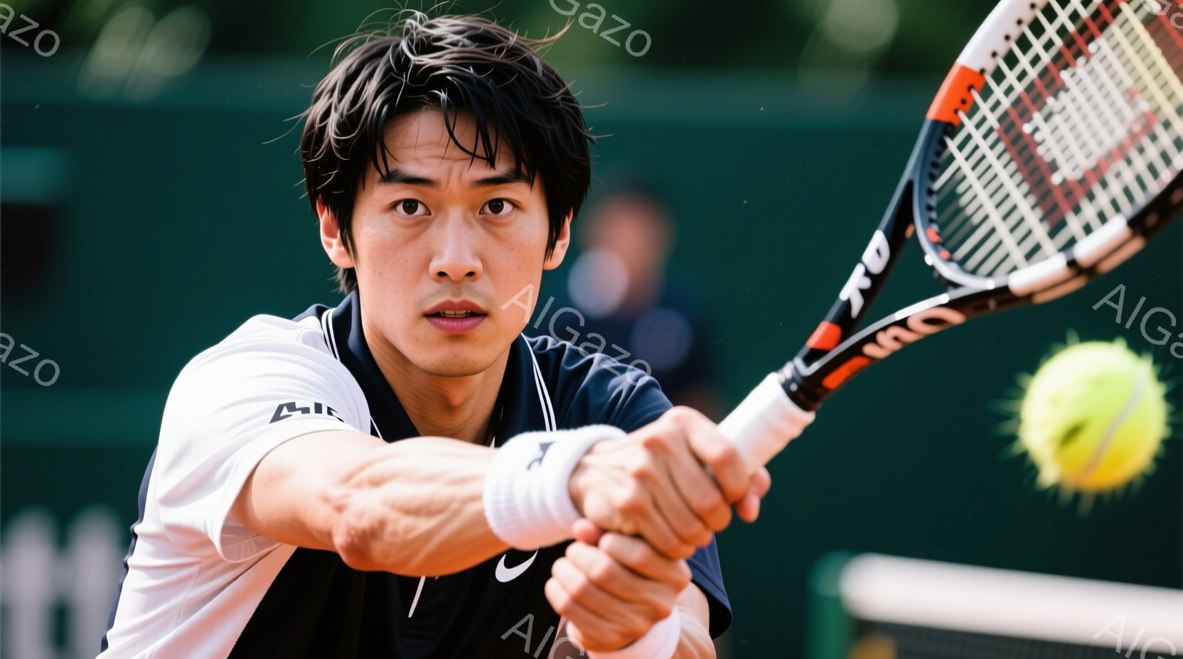 競技中のテニス選手が写っている。彼は白いポロシャツに濃い青色の半ズボンを着用し、髪は短く整えられている。顔には強い集中力が表れており、テニスボールを打ち返す瞬間の力強い姿勢が捉えられている。 - AI生成フリー素材