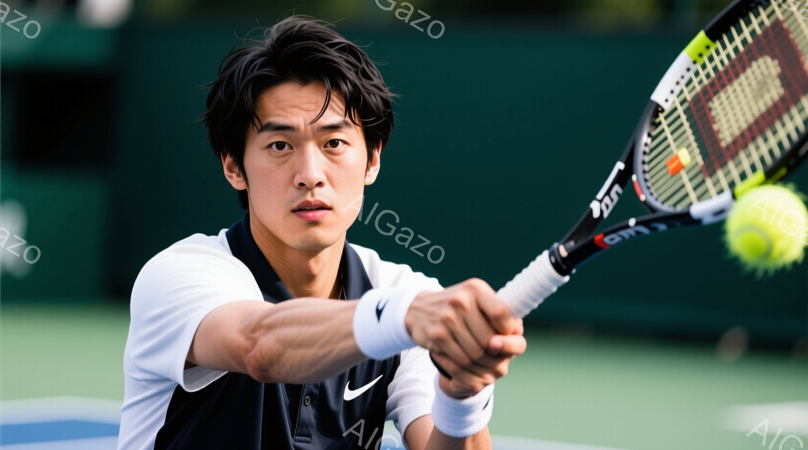 競技中のテニス選手が写っている。彼は黒いポロシャツと白いリストバンドを着用し、集中した表情でフォアハンドショットを打とうとしている。背景には緑のテニスコートとぼやけた緑が広がり、競技に集中した活気のある雰囲気が感じられる。