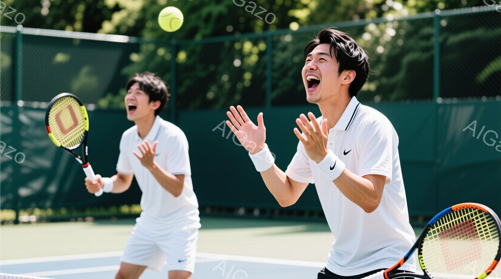 二人の若い男性がテニスコートで歓喜の表情を浮かべている。白のポロシャツとショートパンツを着用し、髪は短く整えられている。背景には緑豊かな木々と緑色のフェンスがあり、晴天の下、活気に満ちた試合の瞬間を捉 - AI生成フリー素材