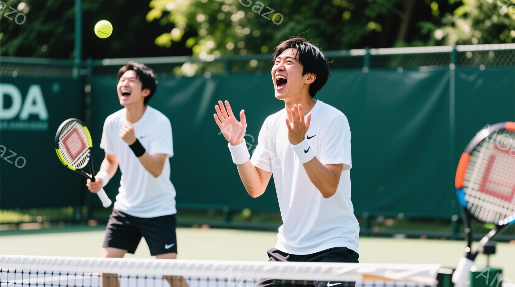 2人の男性がテニスコートでプレーしている様子が写っています。白いTシャツと黒いショーツ姿で、一人はラケットを持って準備し、もう一人は両手を挙げて興奮した表情をしています。背景には緑のフェンスと木々が見え、晴天の下、活気のあるテニスシーンが描かれています。