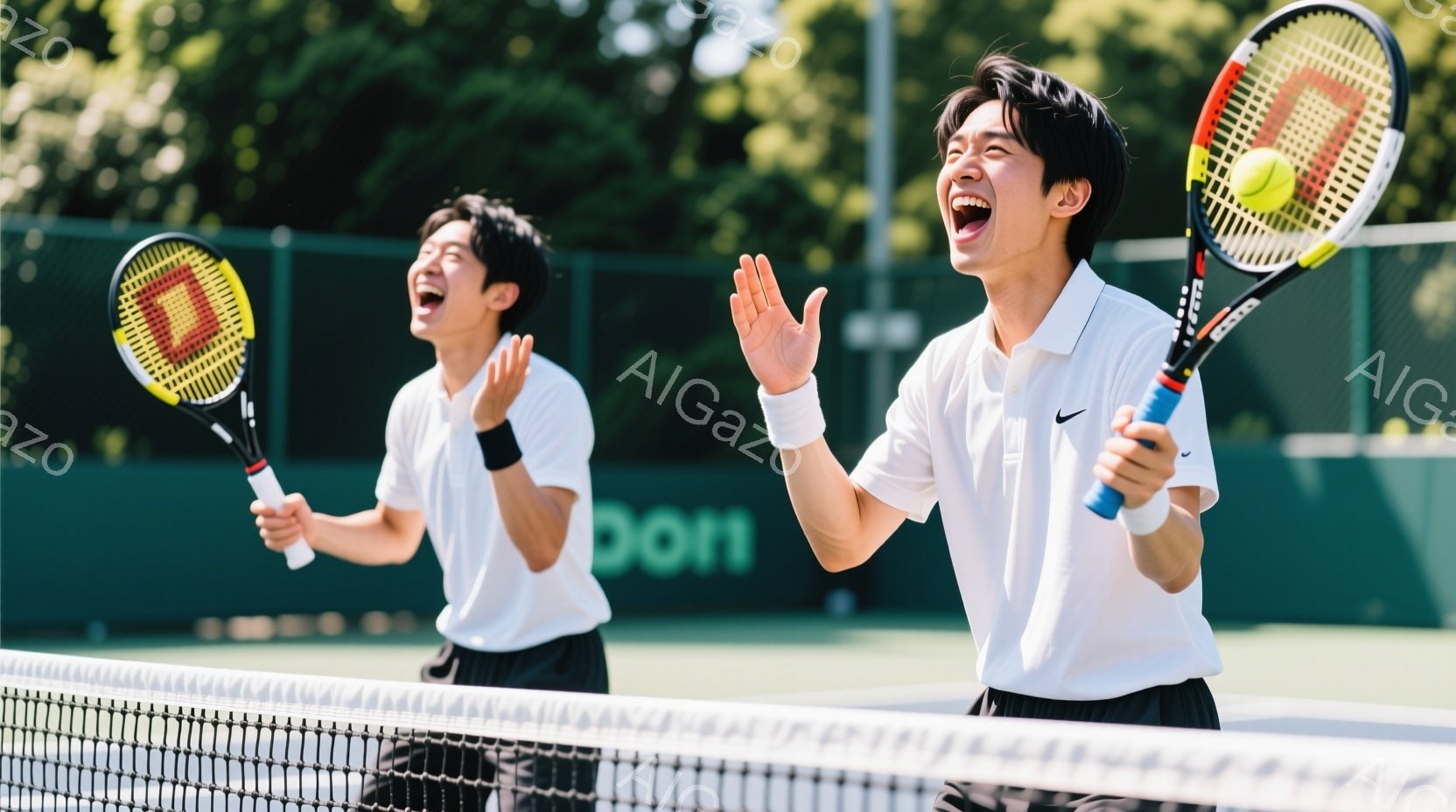 二人の若い男性がテニスコートで喜びの表情を浮かべている。白いテニスウェアに黒いヘアスタイルで、片手にテニスラケットを持ち、両手を上げて興奮している様子が伺える。背景には緑のフェンスと木々が見え、晴れた - AI生成フリー素材